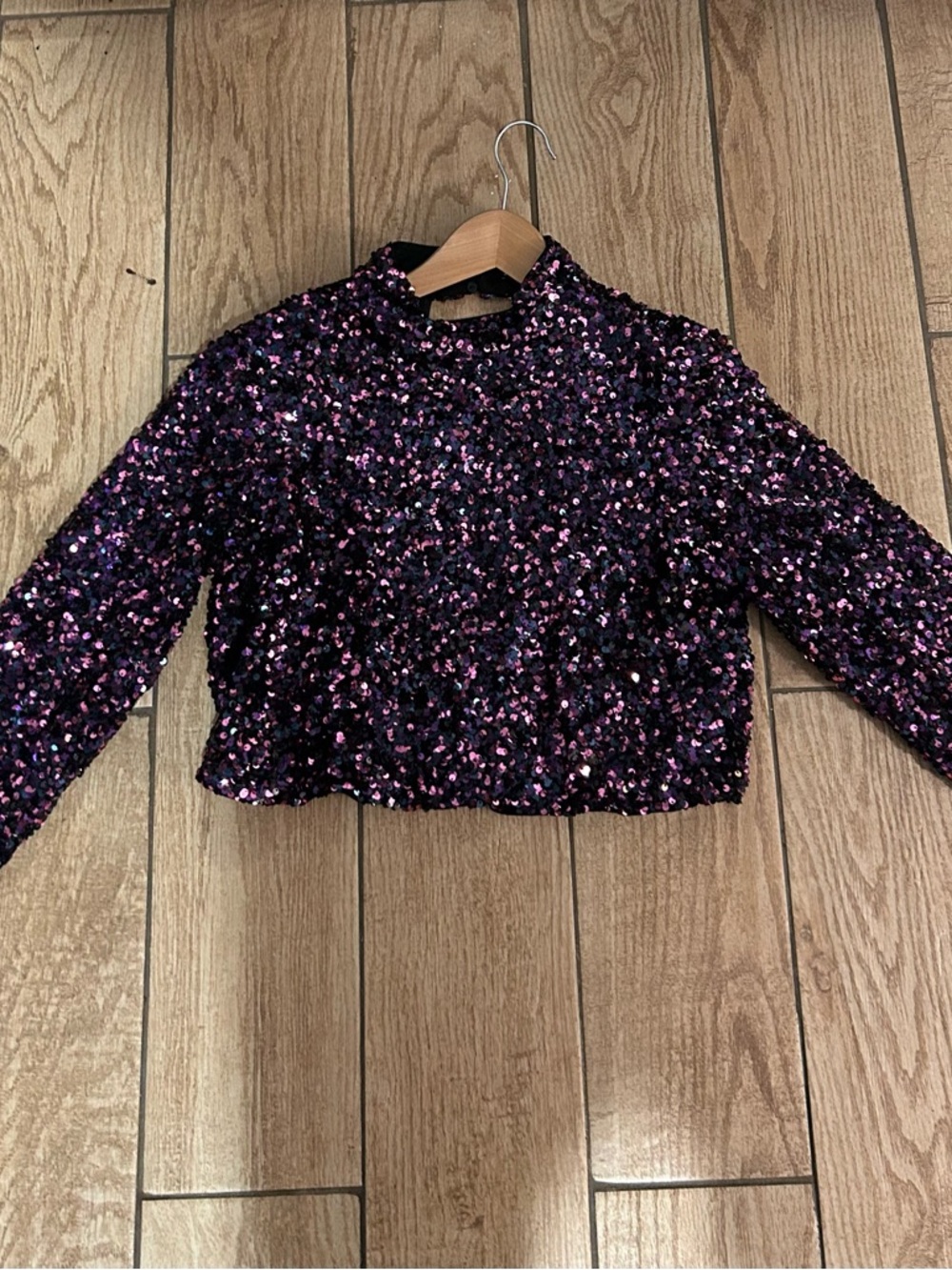 Purple Sequin Cropped Long Sleeve Top
